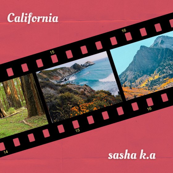 California single cover: a film strip of coastal photos on red