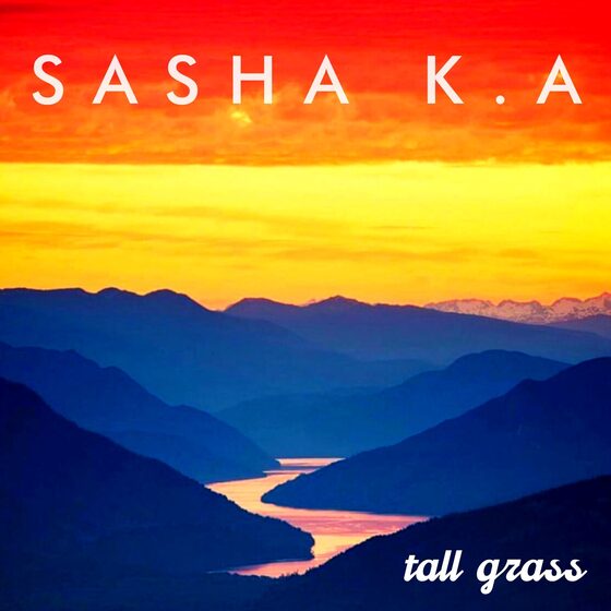 Tall Grass single cover: a sunset over blue mountain ridges and a winding river